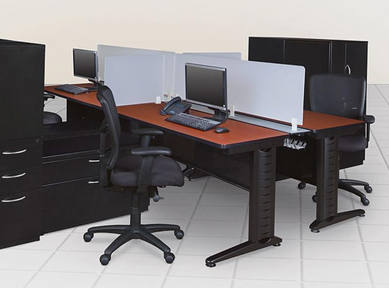 workstation with privacy panels and black box file pedestals next to black swivel chairs