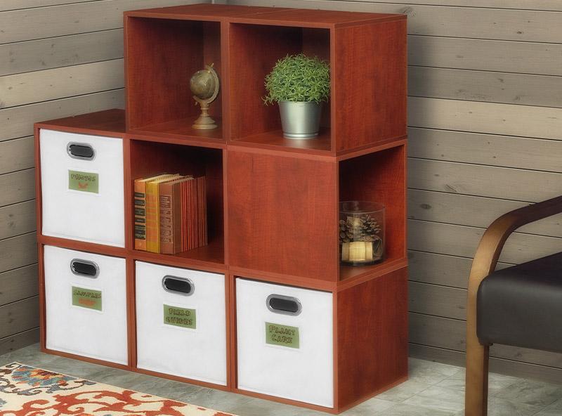Oak Cubo storage set that is 8 open shelf boxes with white fabric bins