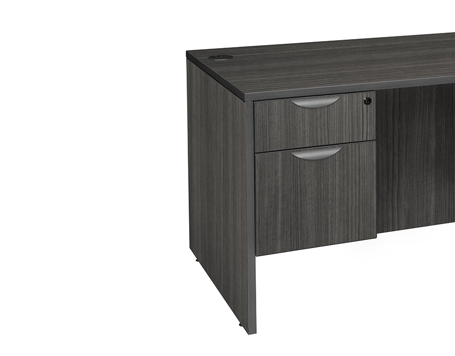 ash grey pedestal desk that is half of a desk with 2 drawers