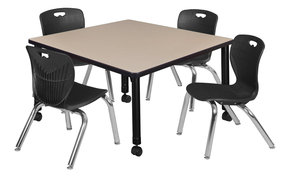 Kee 36" Square Height Adjustable Mobile Classroom Table & 4 Andy 12-in Stack Chairs