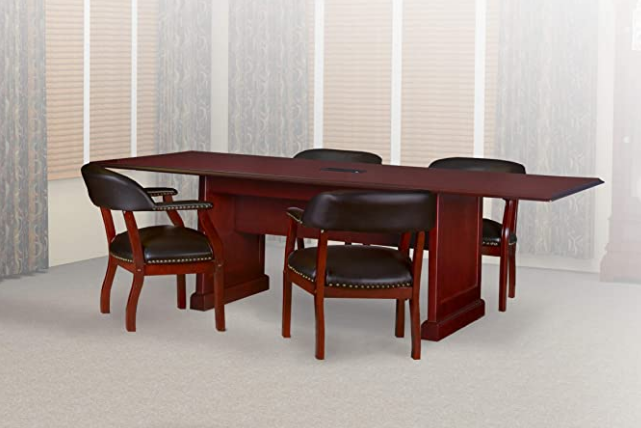4 black and brown dining room captains chair around a mahogany conference table