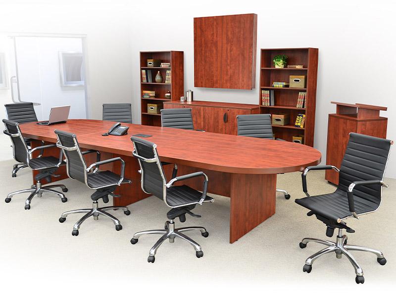 96 inch boat shaped conference table that fits 8-10 people with 8 black and chrome chairs. on the side there is a freestanding lectern, bookcase and cabinets