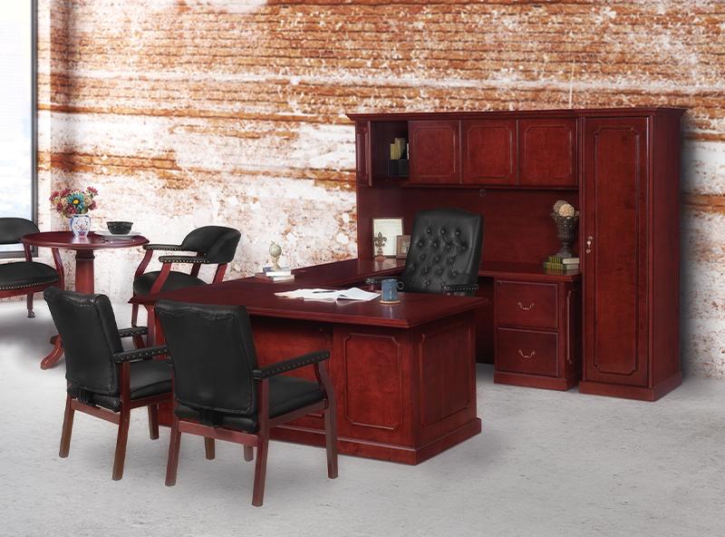 executive L desk set with an overhead storage set and cabinet. 5 captain and traditional leather chairs around the L desk