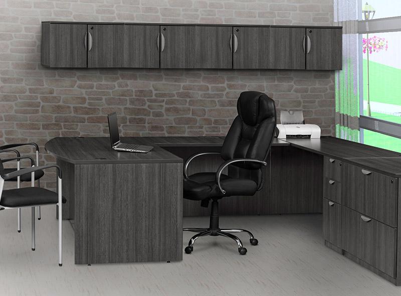 ash grey legacy U desk with file pedestals and cabinets with a big and tall chair and 2 black vinyl side chairs