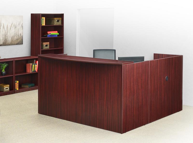 Reception L desk shell with mahogany corner open shelf cabinet with a low credenza