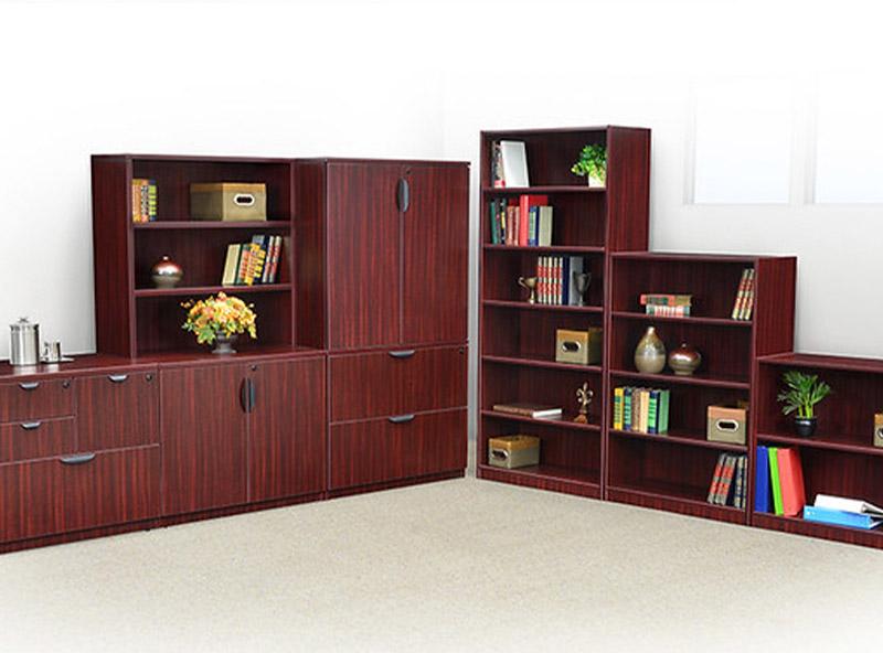 Mahogany Storage set consisting of multiple bookcases, credenzas and cabinets on against a wal
