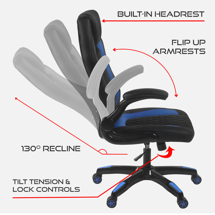 Aon Archeus Gaming Style Computer Desk Chair, Built-In Lumbar Support, Flip-Up Arm, Lock/Tilt 360 Swivel, 300 lb. max