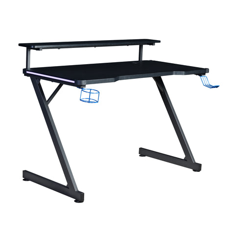 AON Series 48 LED Gaming Desk with Riser Shelf, Cable Management Grommet, Cup Holder & Headphone Hook – Carbon Fiber Black