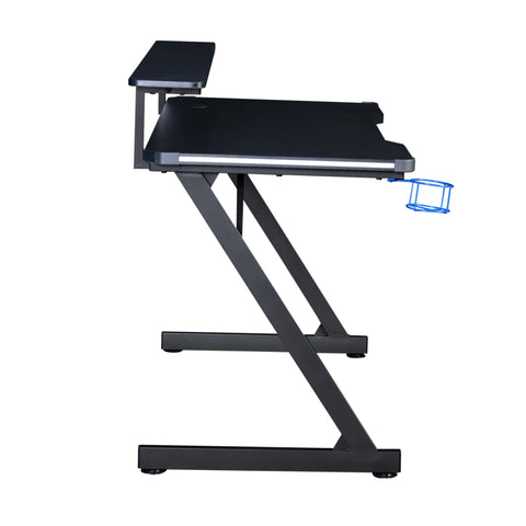 AON Series 48 LED Gaming Desk with Riser Shelf, Cable Management Grommet, Cup Holder & Headphone Hook – Carbon Fiber Black