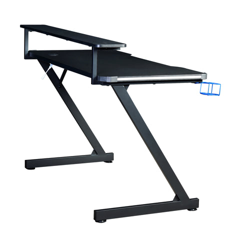 AON Series 48 LED Gaming Desk with Riser Shelf, Cable Management Grommet, Cup Holder & Headphone Hook – Carbon Fiber Black