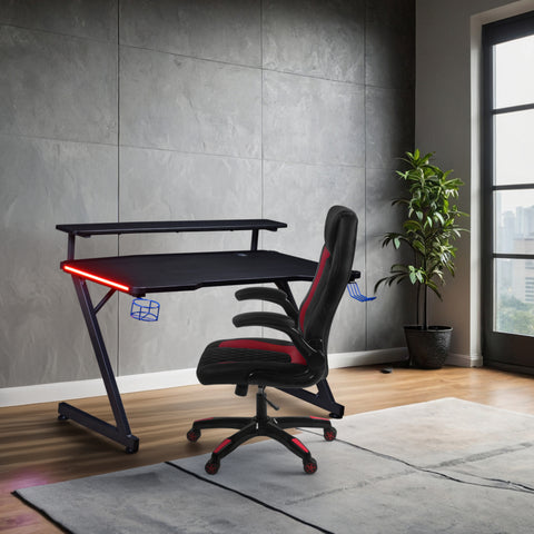 AON Series 48 LED Gaming Desk with Riser Shelf, Cable Management Grommet, Cup Holder & Headphone Hook – Carbon Fiber Black