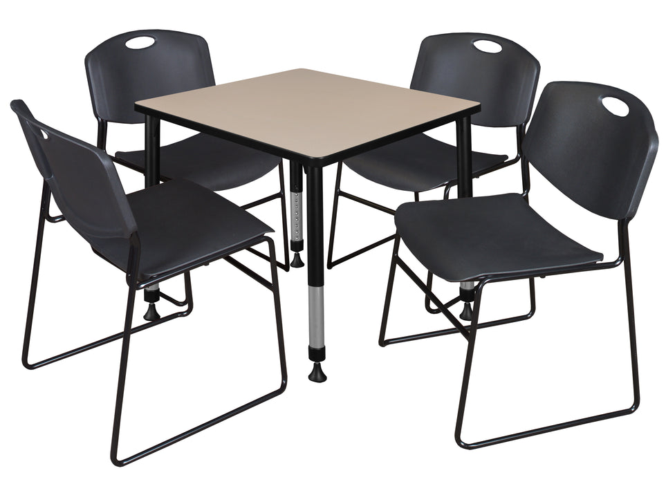 Romig Kee Square Adjustable Classroom Table- White & 4 Zeng Stack Chairs