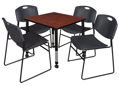 Regency Kee 30 in. Square Mobile Adjustable Classroom Table & 4 Zeng Stack Chairs Black