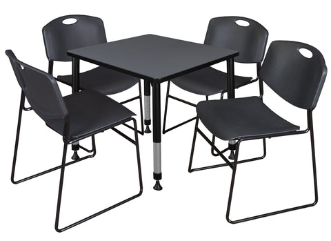 Regency Kee 30 in. Square Adjustable Classroom Table & 4 Zeng Stack Chairs Black