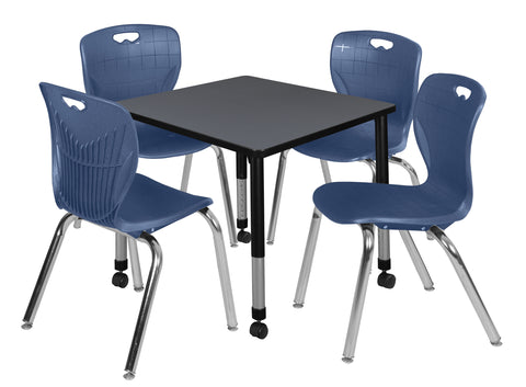 Regency Kee 30 in. Square Mobile Adjustable Classroom Table & 4 Andy 18 in. Stack Chairs Black