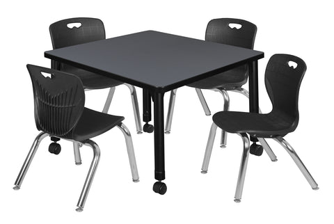 Regency Kee 30 in. Square Mobile Adjustable Classroom Table & 4 Andy 12 in. Stack Chairs Black