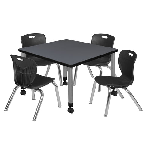 Regency Kee 30 in. Square Mobile Adjustable Classroom Table & 4 Andy 12 in. Stack Chairs Black
