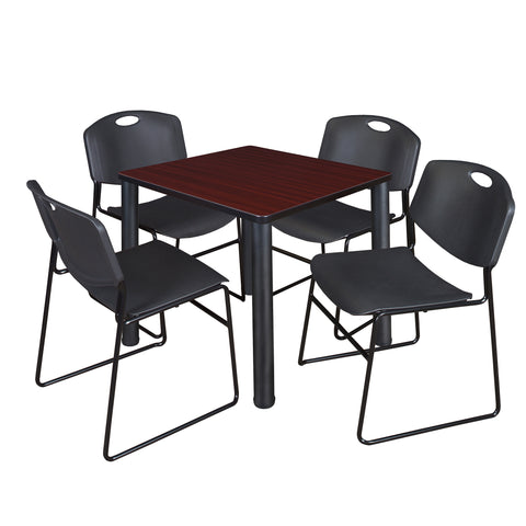 Regency Kee 30 in Square Breakroom Table Top Black Legs 4 Zeng Stack Chairs