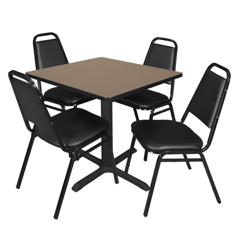 Regency Cain 30 in. Square XBase Breakroom Table & 4 Restaurant Stack Chairs Black