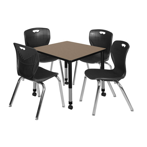 Regency Kee 30 in. Square Mobile Adjustable Classroom Table & 4 Andy 18 in. Stack Chairs Black
