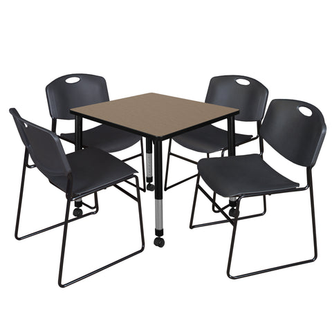 Regency Kee 30 in. Square Mobile Adjustable Classroom Table & 4 Zeng Stack Chairs Black