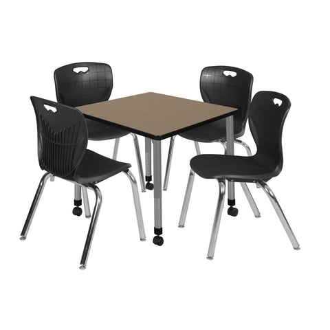 Regency Kee 30 in. Square Mobile Adjustable Classroom Table & 4 Andy 18 in. Stack Chairs Black