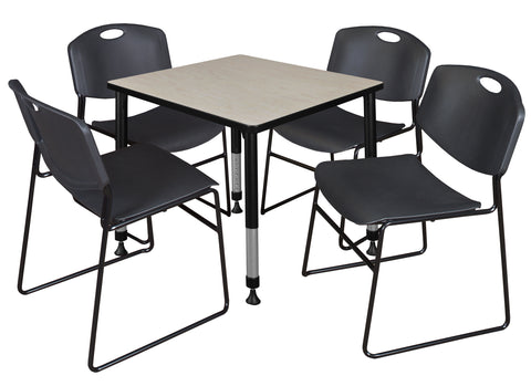 Regency Kee 30 in. Square Adjustable Classroom Table & 4 Zeng Stack Chairs Black