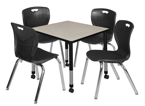 Regency Kee 30 in. Square Mobile Adjustable Classroom Table & 4 Andy 18 in. Stack Chairs Black