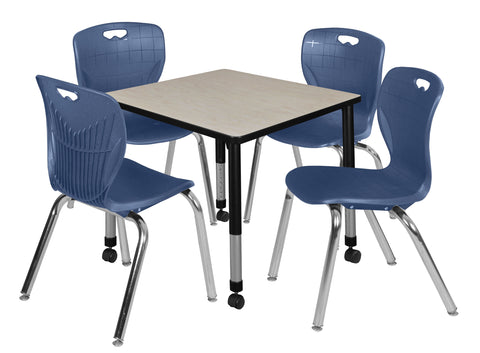 Regency Kee 30 in. Square Mobile Adjustable Classroom Table & 4 Andy 18 in. Stack Chairs Black