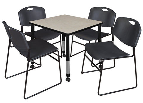 Regency Kee 30 in. Square Mobile Adjustable Classroom Table & 4 Zeng Stack Chairs Black