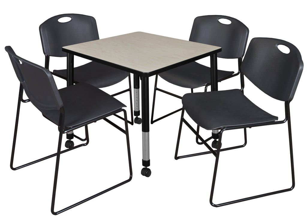Regency Kee 30 in. Square Mobile Adjustable Classroom Table & 4 Zeng Stack Chairs Black
