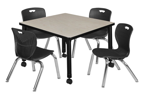 Regency Kee 30 in. Square Mobile Adjustable Classroom Table & 4 Andy 12 in. Stack Chairs Black