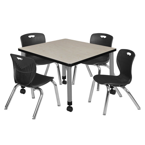 Regency Kee 30 in. Square Mobile Adjustable Classroom Table & 4 Andy 12 in. Stack Chairs Black