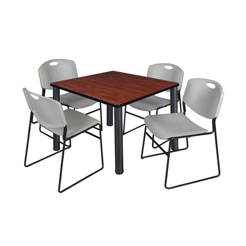 Regency Kee 30 in Square Breakroom Table Top Black Legs 4 Zeng Stack Chairs