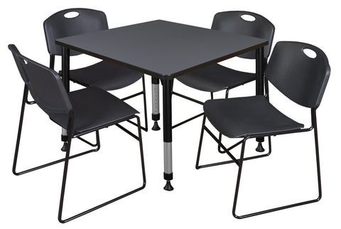 Regency Kee 30 in. Square Adjustable Classroom Table & 4 Zeng Stack Chairs Black