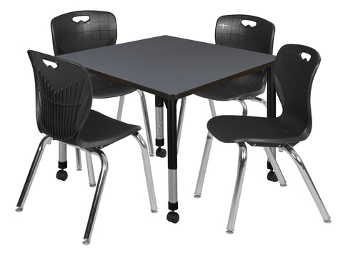 Regency Kee 30 in. Square Mobile Adjustable Classroom Table & 4 Andy 18 in. Stack Chairs Black