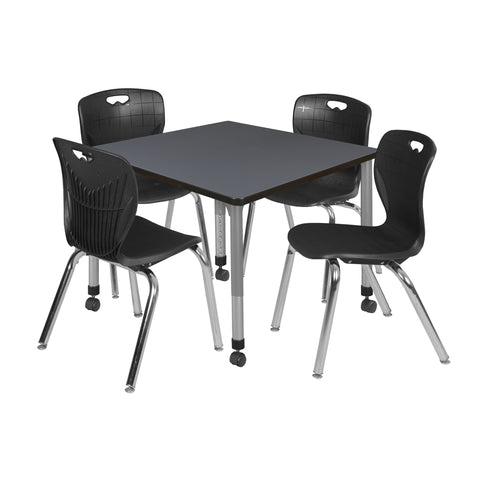 Regency Kee 30 in. Square Mobile Adjustable Classroom Table & 4 Andy 18 in. Stack Chairs Black
