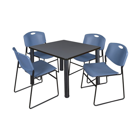 Regency Kee 30 in Square Breakroom Table Top Black Legs 4 Zeng Stack Chairs