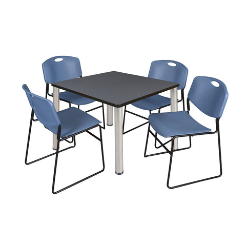 Regency Kee 30 in Square Breakroom Table Top Black Legs 4 Zeng Stack Chairs