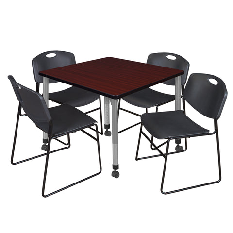 Regency Kee 30 in. Square Mobile Adjustable Classroom Table & 4 Zeng Stack Chairs Black
