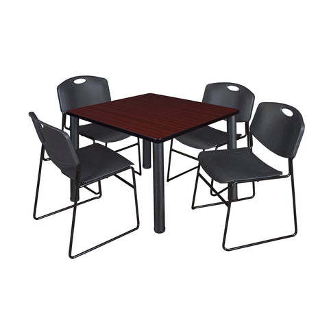 Regency Kee 30 in Square Breakroom Table Top Black Legs 4 Zeng Stack Chairs