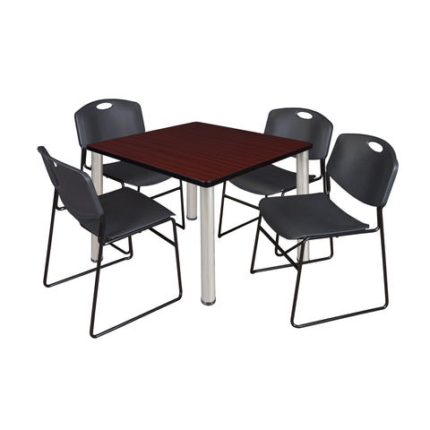Regency Kee 30 in Square Breakroom Table Top Black Legs 4 Zeng Stack Chairs