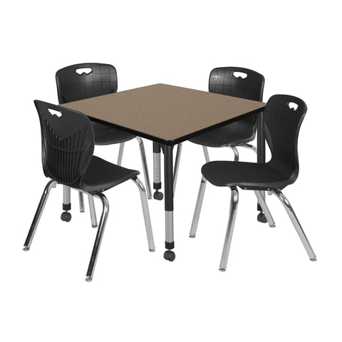 Regency Kee 30 in. Square Mobile Adjustable Classroom Table & 4 Andy 18 in. Stack Chairs Black