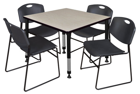 Regency Kee 30 in. Square Adjustable Classroom Table & 4 Zeng Stack Chairs Black