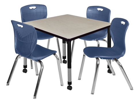 Regency Kee 30 in. Square Mobile Adjustable Classroom Table & 4 Andy 18 in. Stack Chairs Black