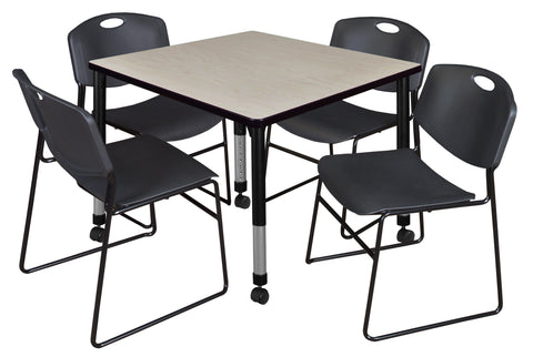 Regency Kee 30 in. Square Mobile Adjustable Classroom Table & 4 Zeng Stack Chairs Black