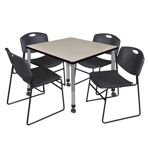 Regency Kee 30 in. Square Mobile Adjustable Classroom Table & 4 Zeng Stack Chairs Black