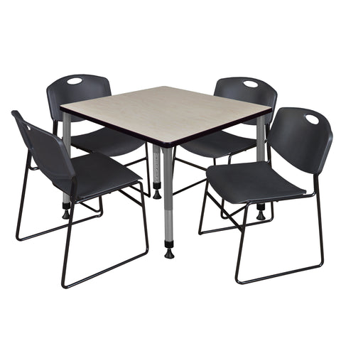 Regency Kee 30 in. Square Adjustable Classroom Table & 4 Zeng Stack Chairs Black