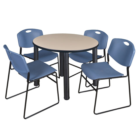 Regency Kee 36 in Round Breakroom Table Top Black Legs 4 Zeng Stack Chairs