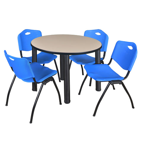Regency Kee 36 in Round Breakroom Table Top Black Legs 4 M Stack Chairs